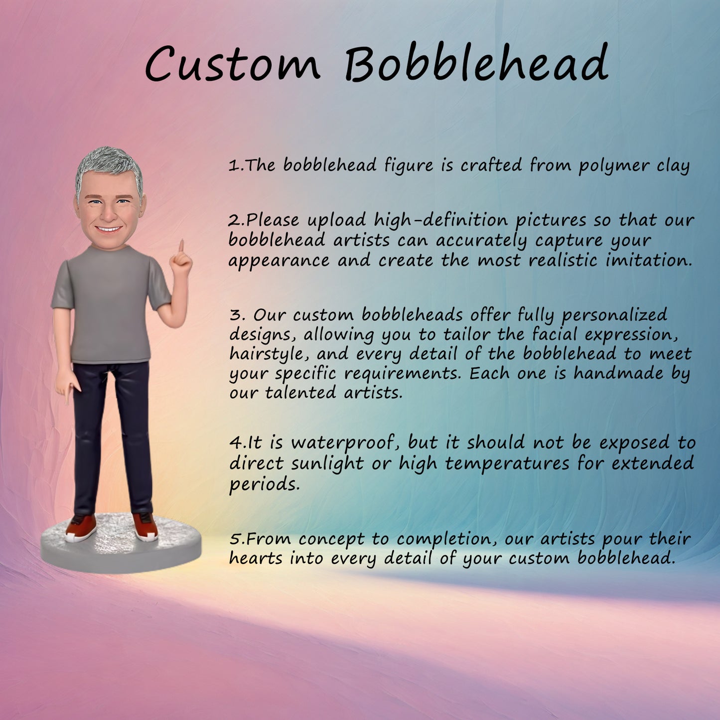 Custom Bobblehead: Grey Casual Man - A meticulously hand-sculpted bobblehead, personalized with your photo in grey casual clothes. A unique, handmade keepsake capturing your likeness.