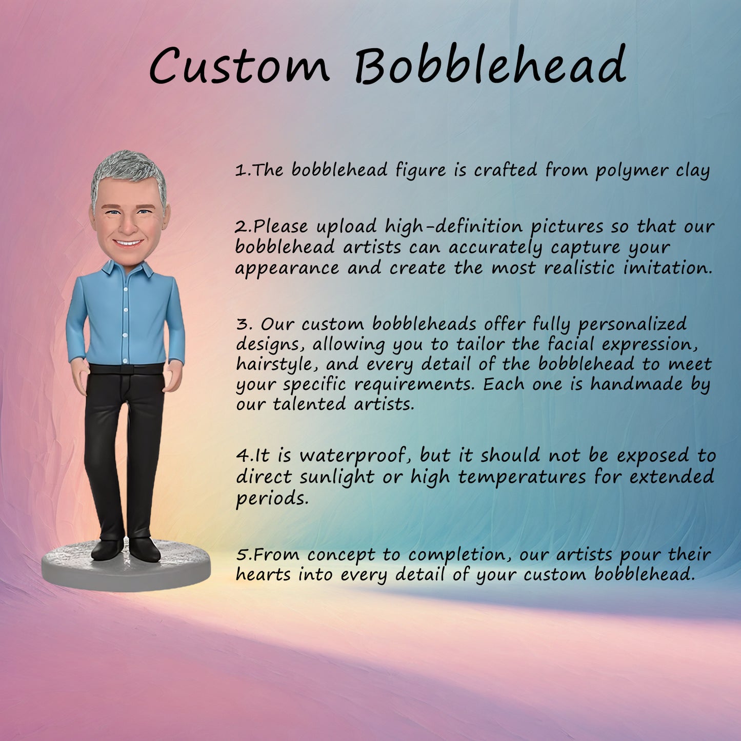 Custom Bobblehead of Corporate Man in Azure Shirt with Personalized Inscription