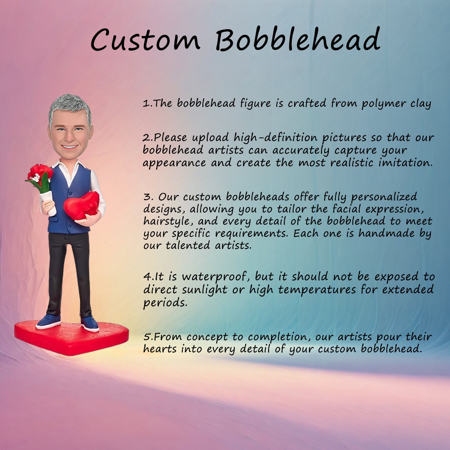 Custom Bobblehead: Romantic Man - A bobblehead showing a man with roses and a heart, customizable with your romantic message.