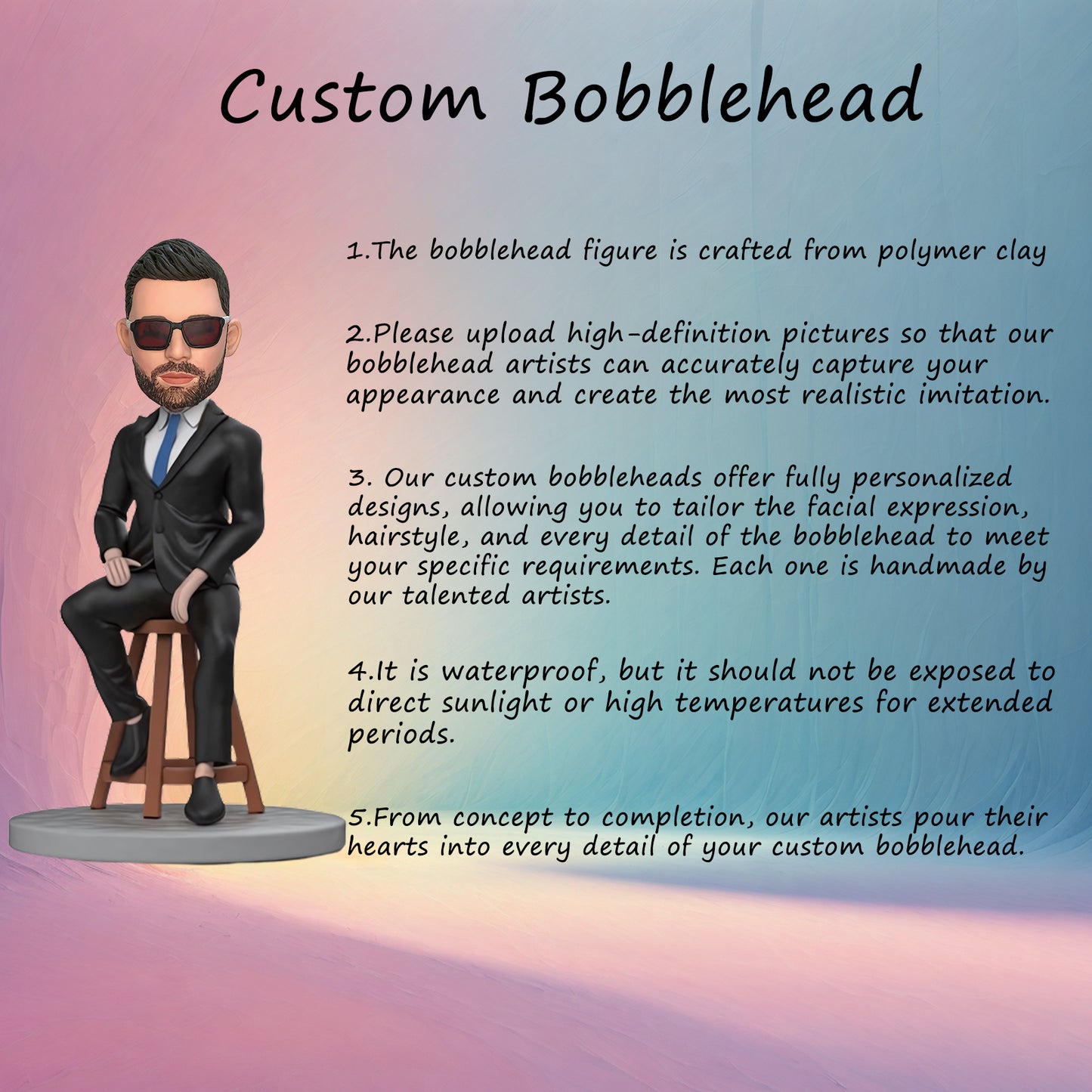 Custom Bobblehead of Seated Male Boss in Black Suit with Personalized Inscription