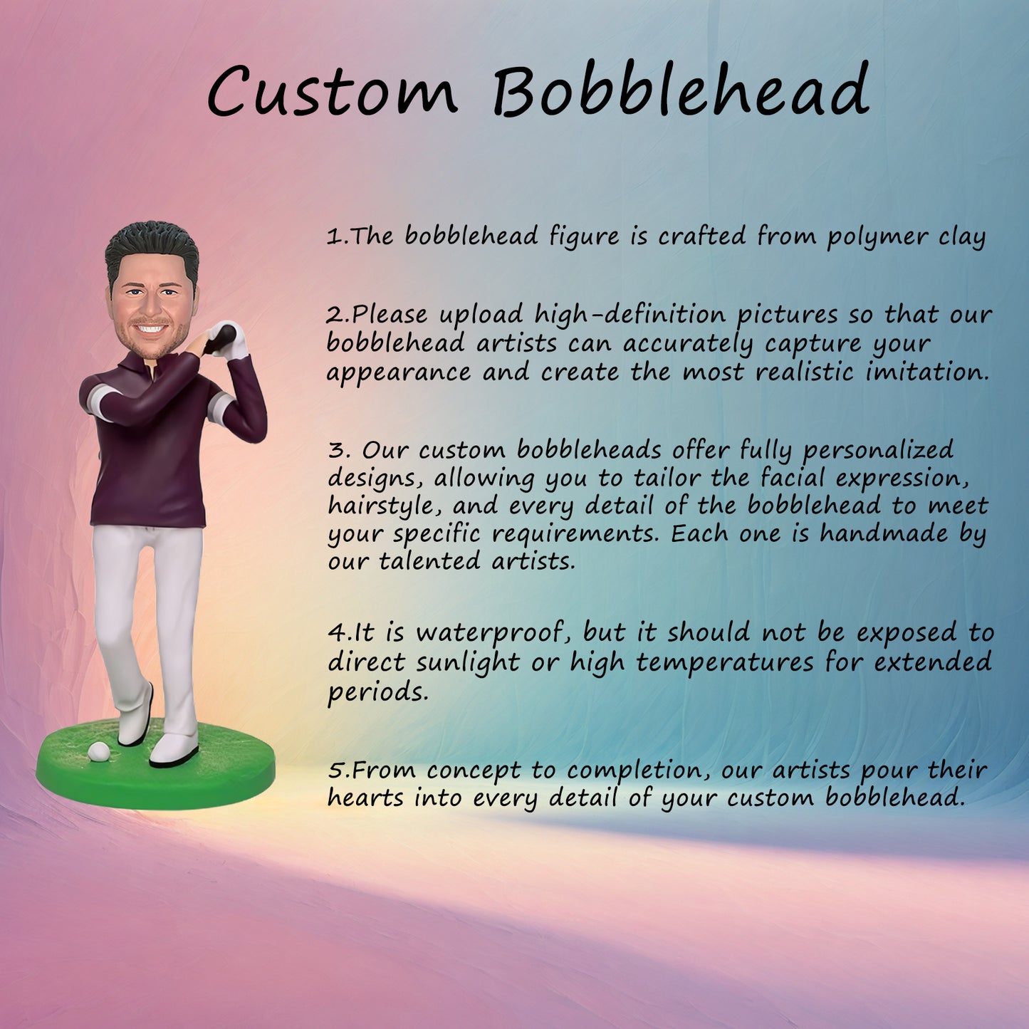 Custom Golfer Bobblehead - A sleek collectible of a golf star, ready to tee off. Ideal for golf fans and collectors!