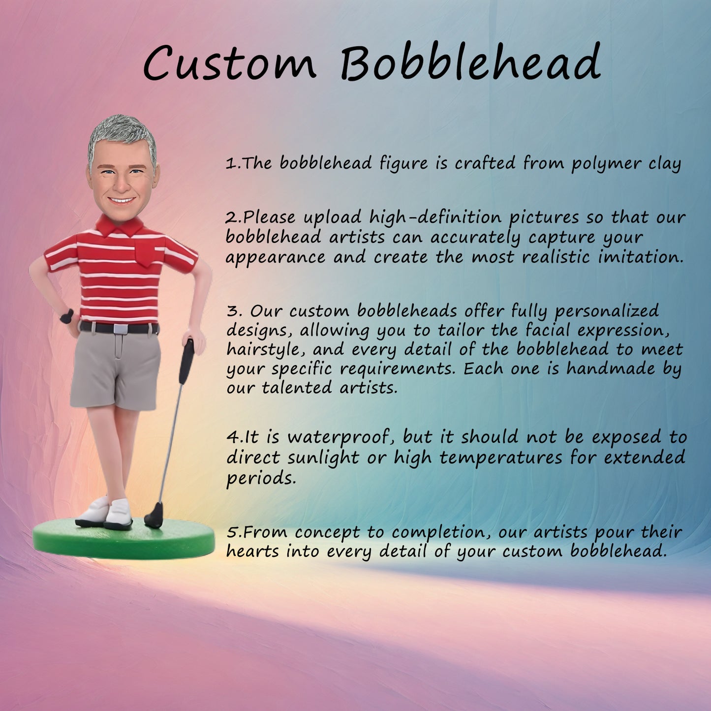 Custom Bobblehead: Golfer in Red Top Edition - A stylish collectible featuring a golfer in a vibrant red shirt, ready to tee off and conquer the green. Perfect for golf enthusiasts and sports memorabilia collectors!