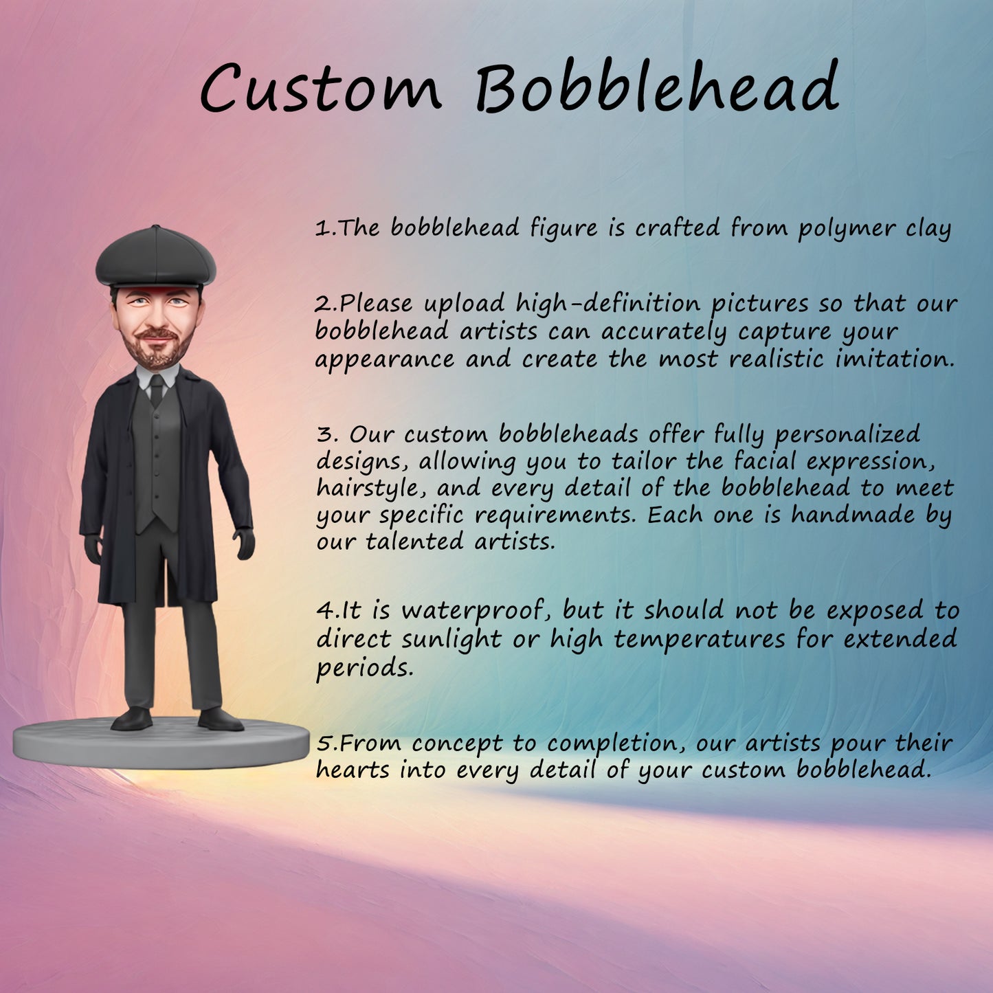 Custom Bobblehead: Shelby in Black Trench Coat - A personalized bobblehead featuring Shelby in a sleek black trench coat, complete with engraved text for a unique and customized touch.