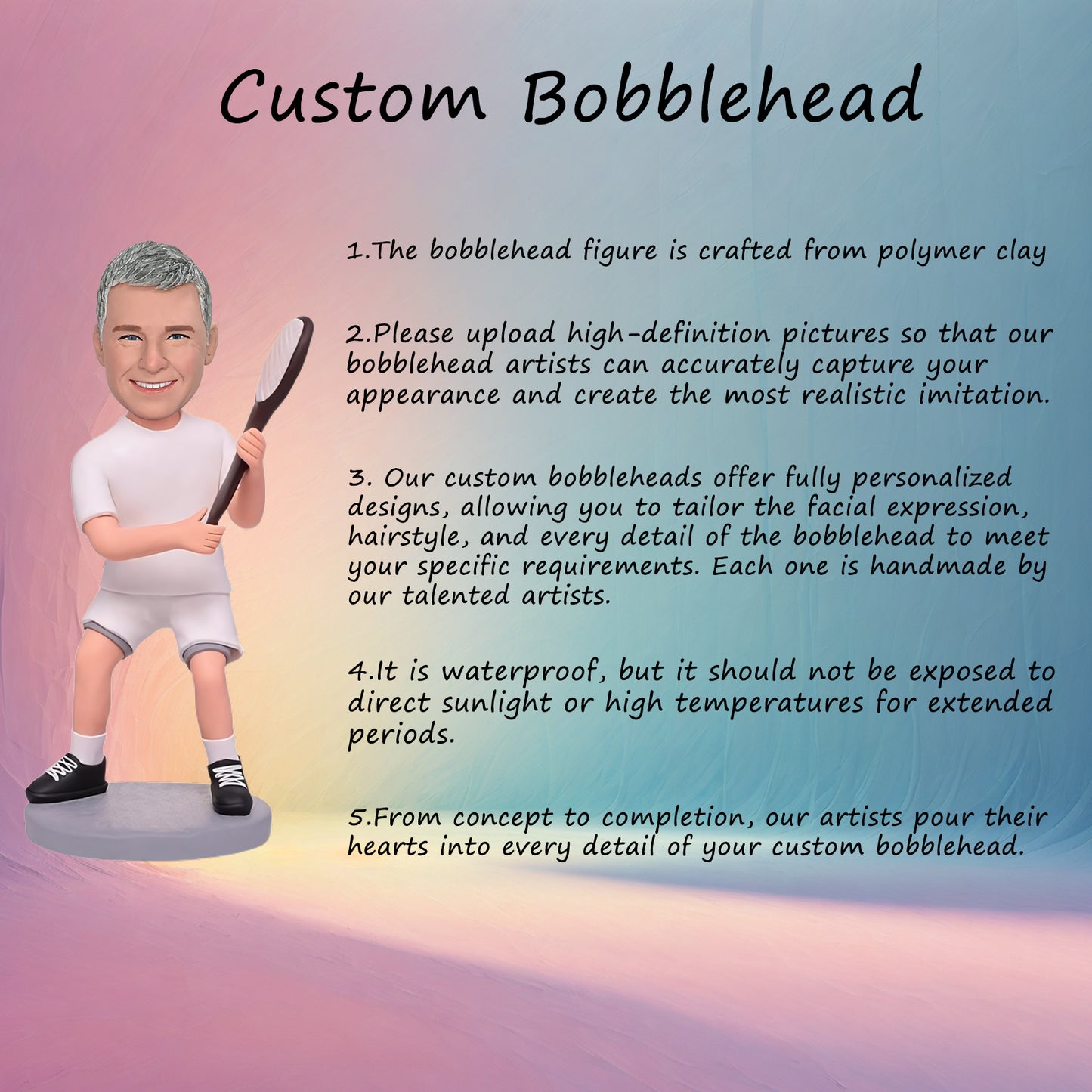 Custom Bobblehead: Tennis Player Edition - A sleek collectible featuring a tennis star, racket in hand and ready to serve. Ideal for tennis fans and collectors!