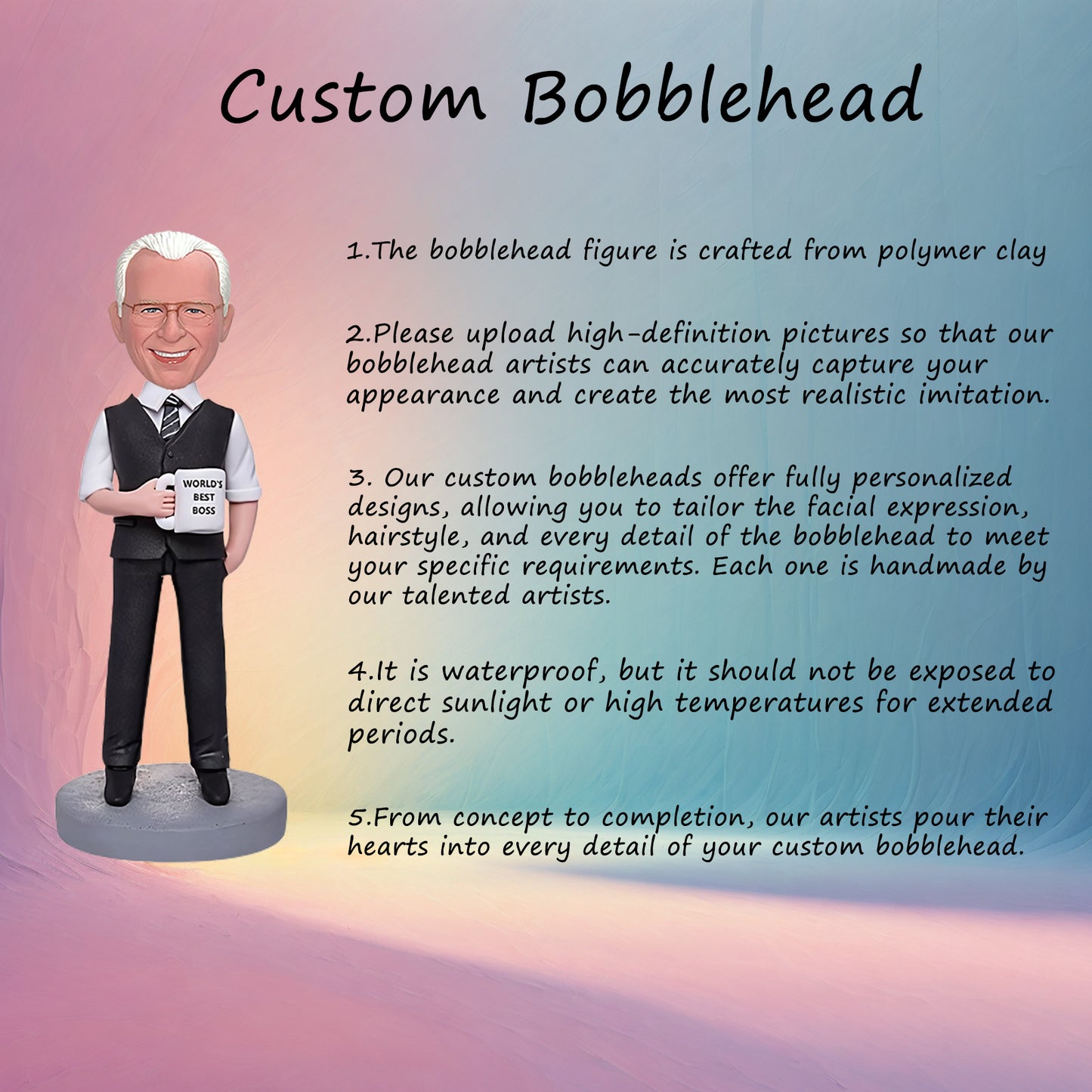 Custom Bobblehead of Top-tier Boss Businessman With Water Glass - Includes Custom Engraved Text