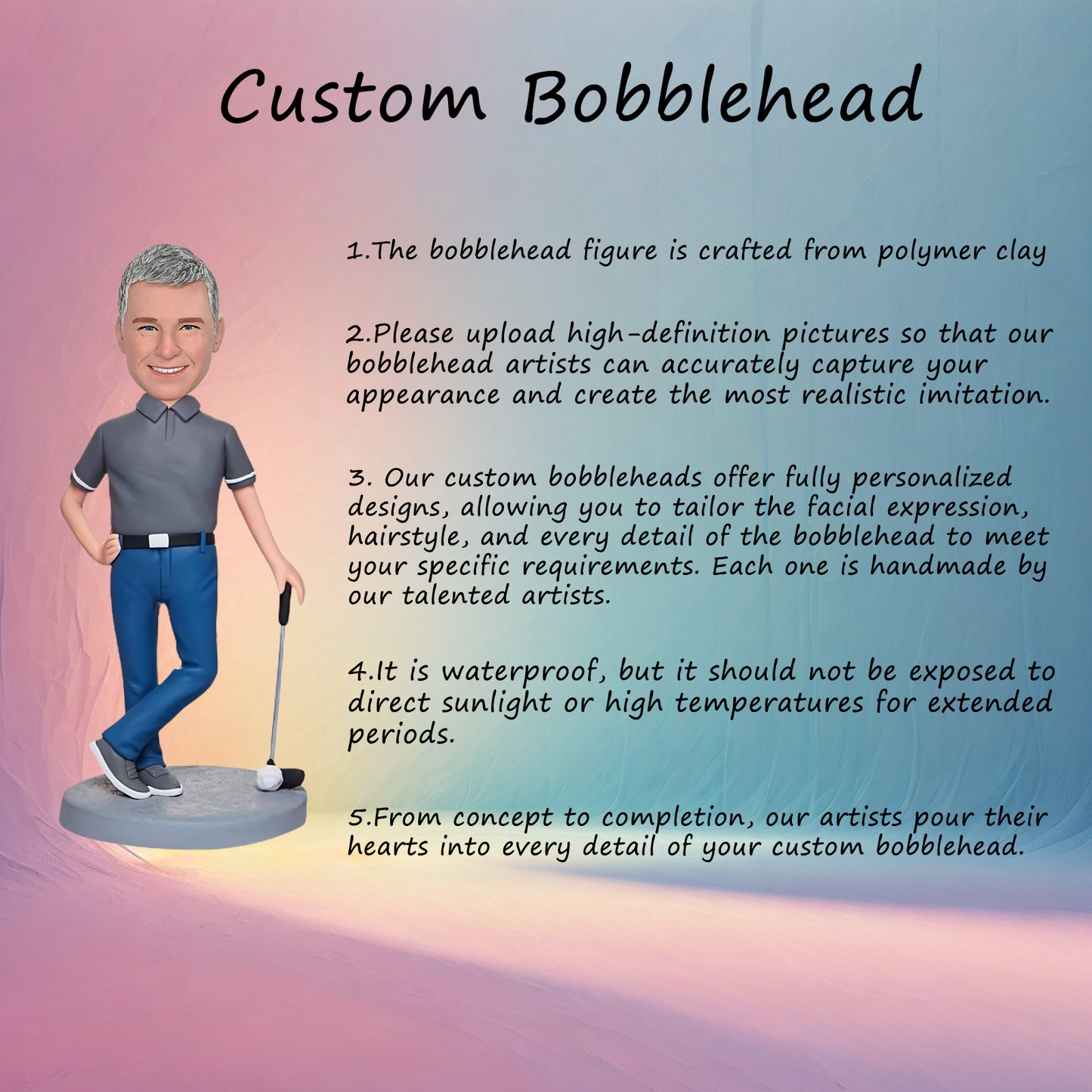 Custom Bobblehead: Unique Handcrafted Golfer - A meticulously hand-sculpted golfer bobblehead, teed up and ready to swing. The intricate craftsmanship and bobbling head bring this golf star to life!