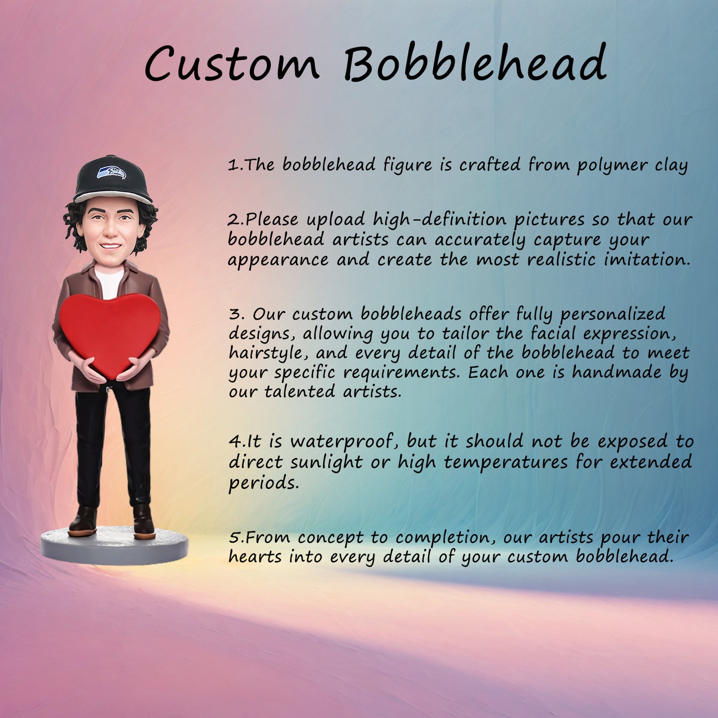 Custom Bobblehead: Man with Heart - This charming bobblehead depicts a man holding a heart, symbolizing love and affection. Personalize it with engraved text for a unique and heartfelt gift.