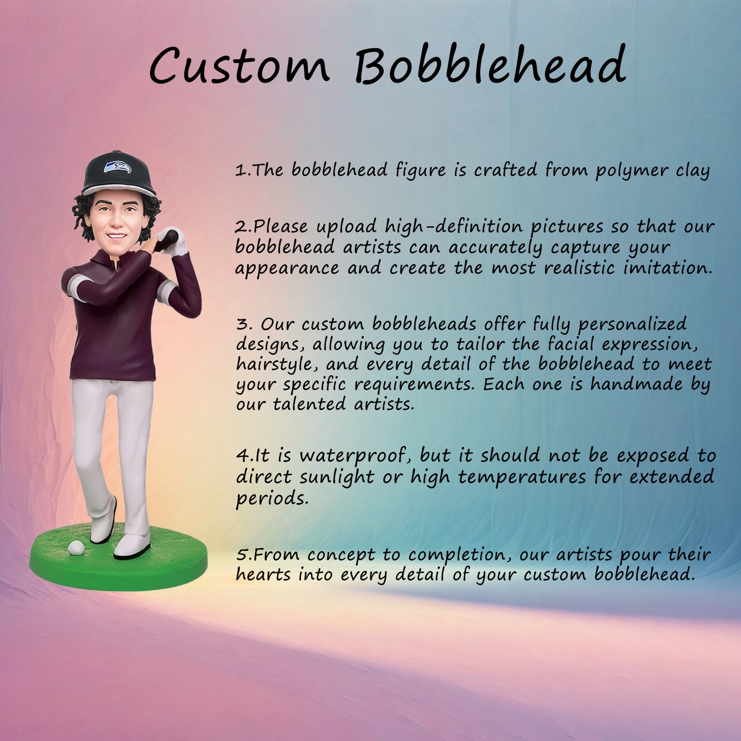 Custom Bobblehead: Golf Player - A stylish bobblehead featuring a golf star, ready to tee off and drive the ball down the fairway. Perfect for golf enthusiasts and collectors!