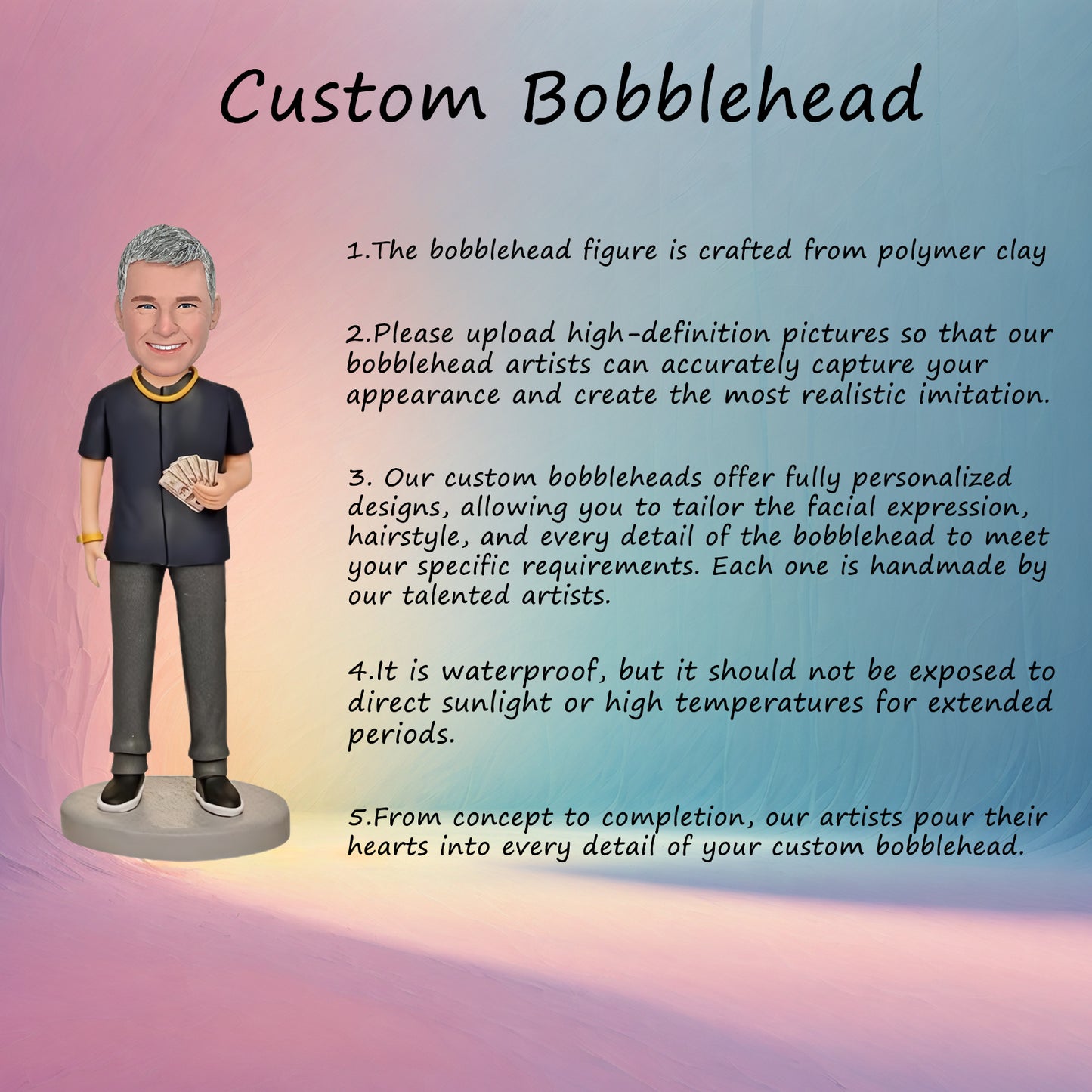 Custom Bobblehead: Rich Boss Edition - Depicting a wealthy and successful boss, this bobblehead can be personalized with engraved text, making it a great gift for entrepreneurs or business leaders.