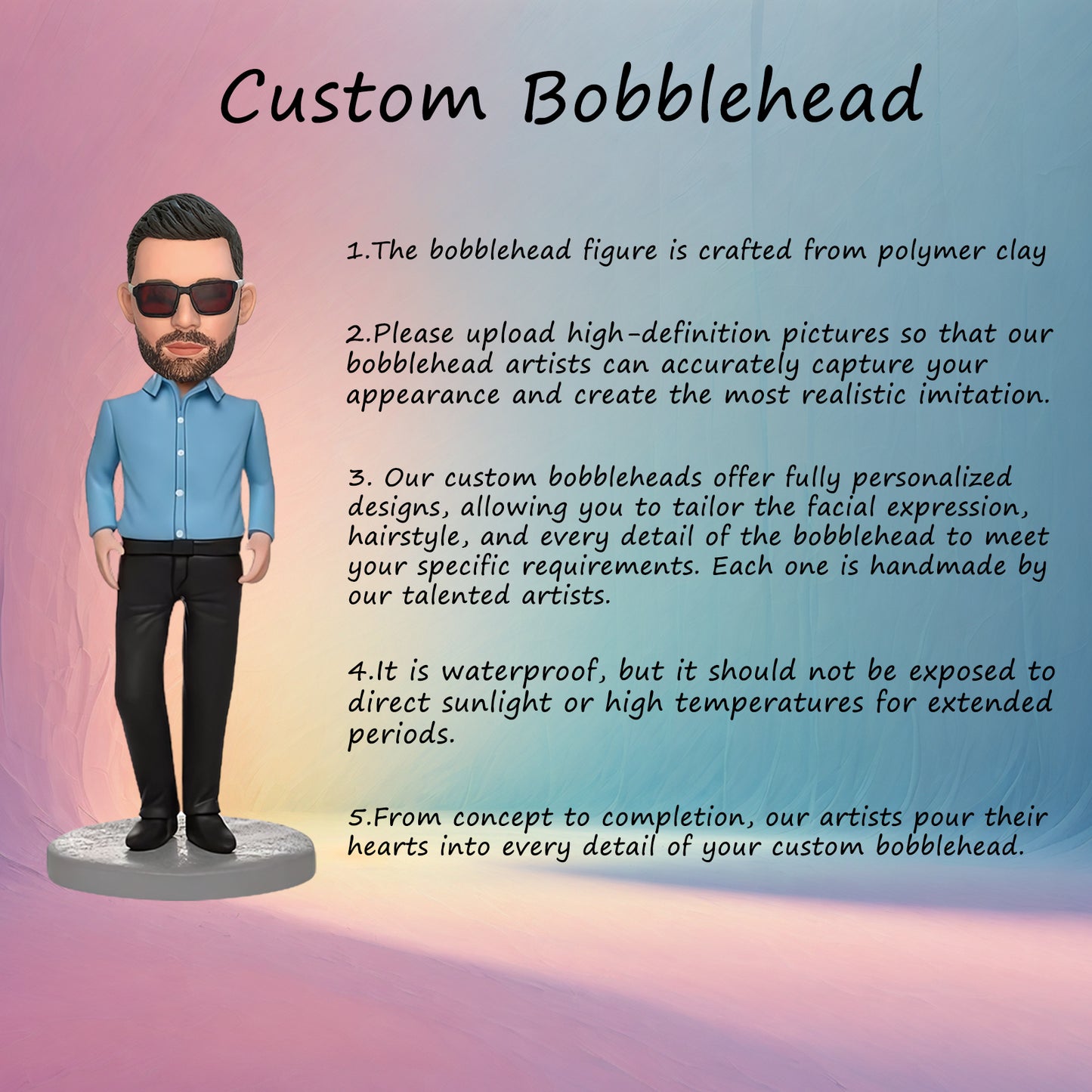 Custom Bobblehead of Corporate Gentleman in Azure Shirt with Personalized Inscription