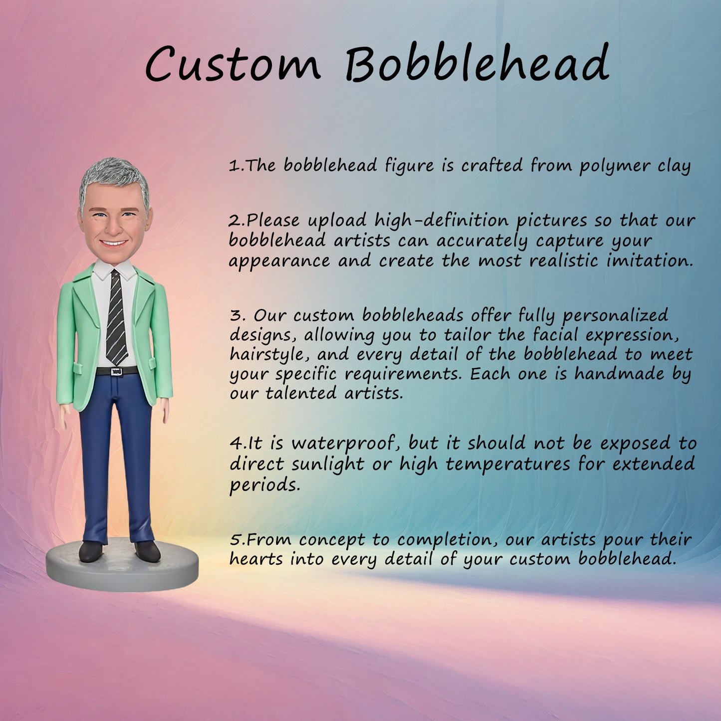 Custom Bobblehead of Business Man in Green Attire with Personalized Inscription