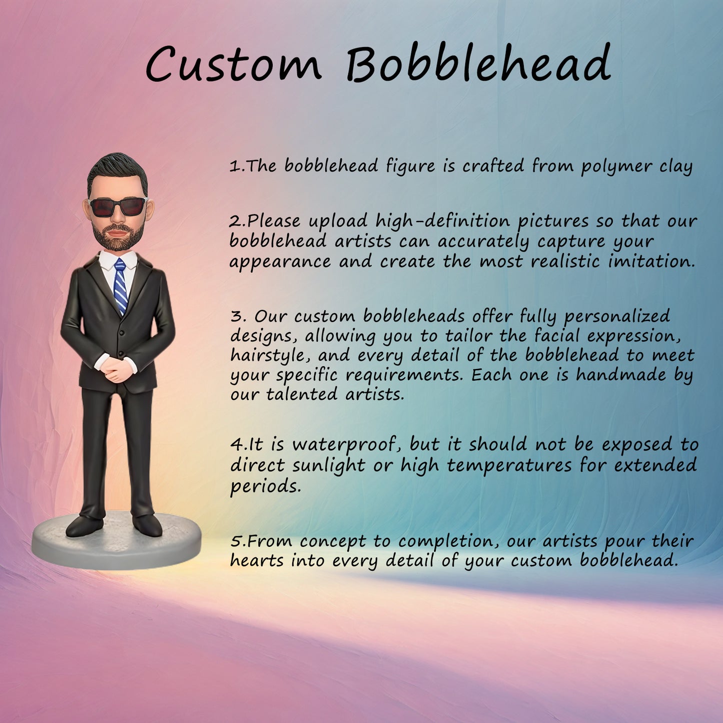 Custom Bobblehead of Business Man in Formal Attire with Inscribed Text