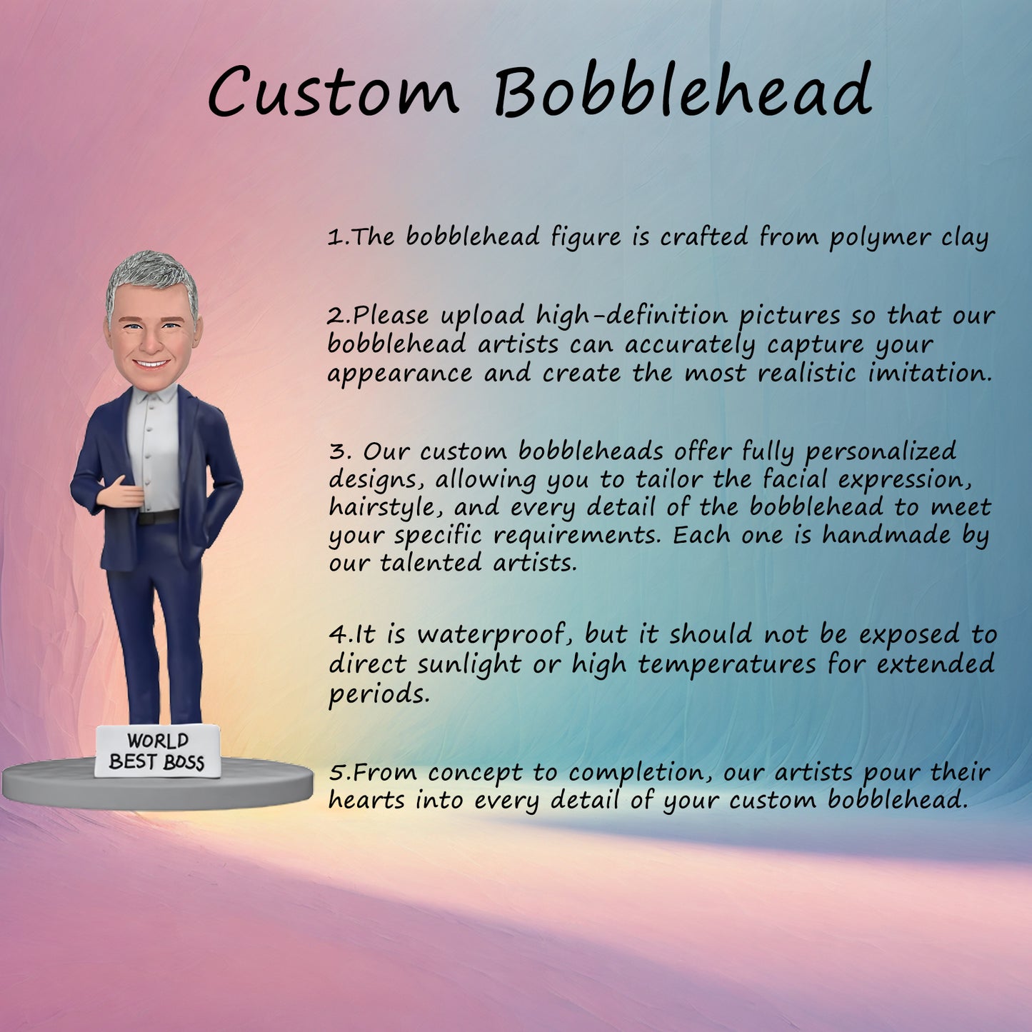 Custom Bobblehead of WORLD BEST BOSS in Blue Suit, Text Engraved