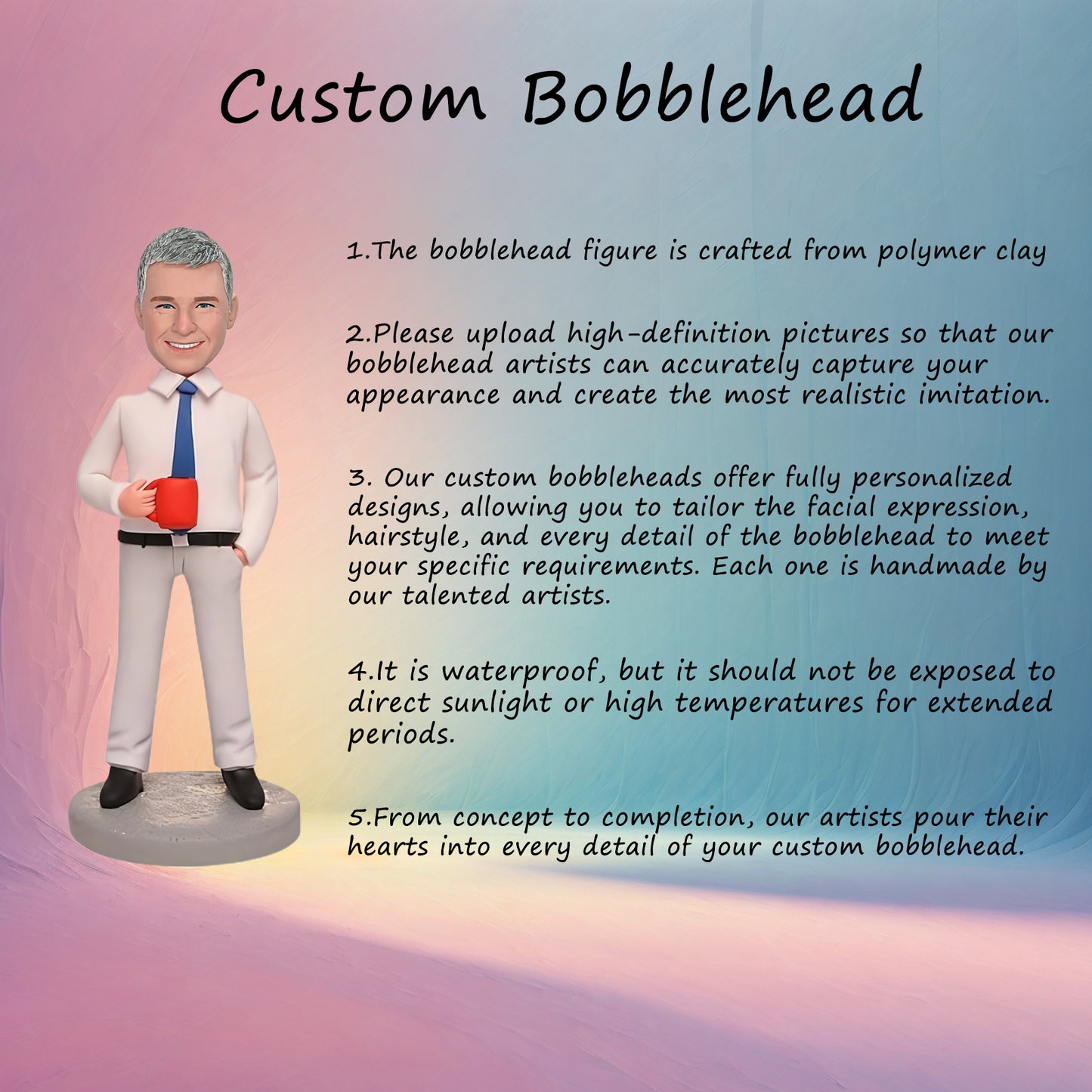 Custom Bobblehead: "I Feel Great Today" Edition - A personalized bobblehead capturing a positive moment, customizable with engraved text to commemorate a special day or achievement.