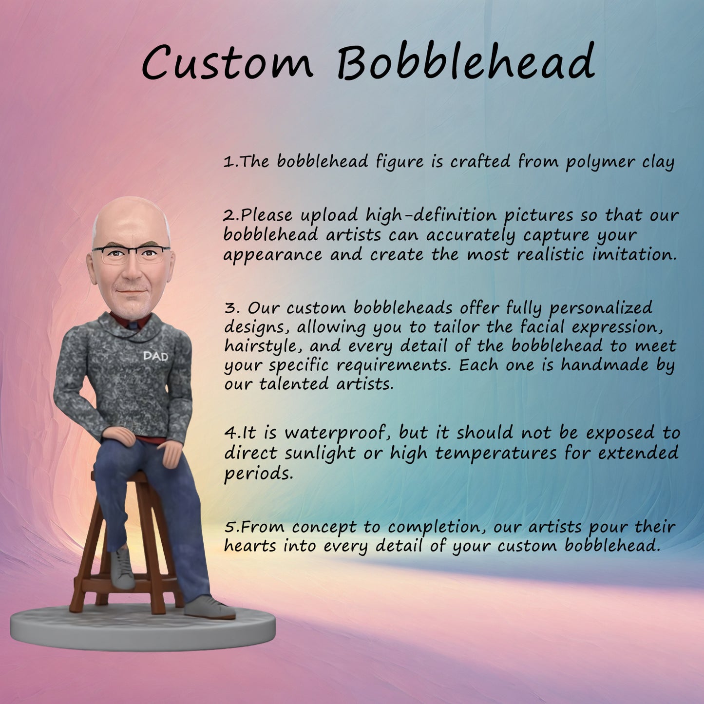 Bobblehead Customized for Dad Sitting on a Stool - Personalized Father's Day Bobblehead Present