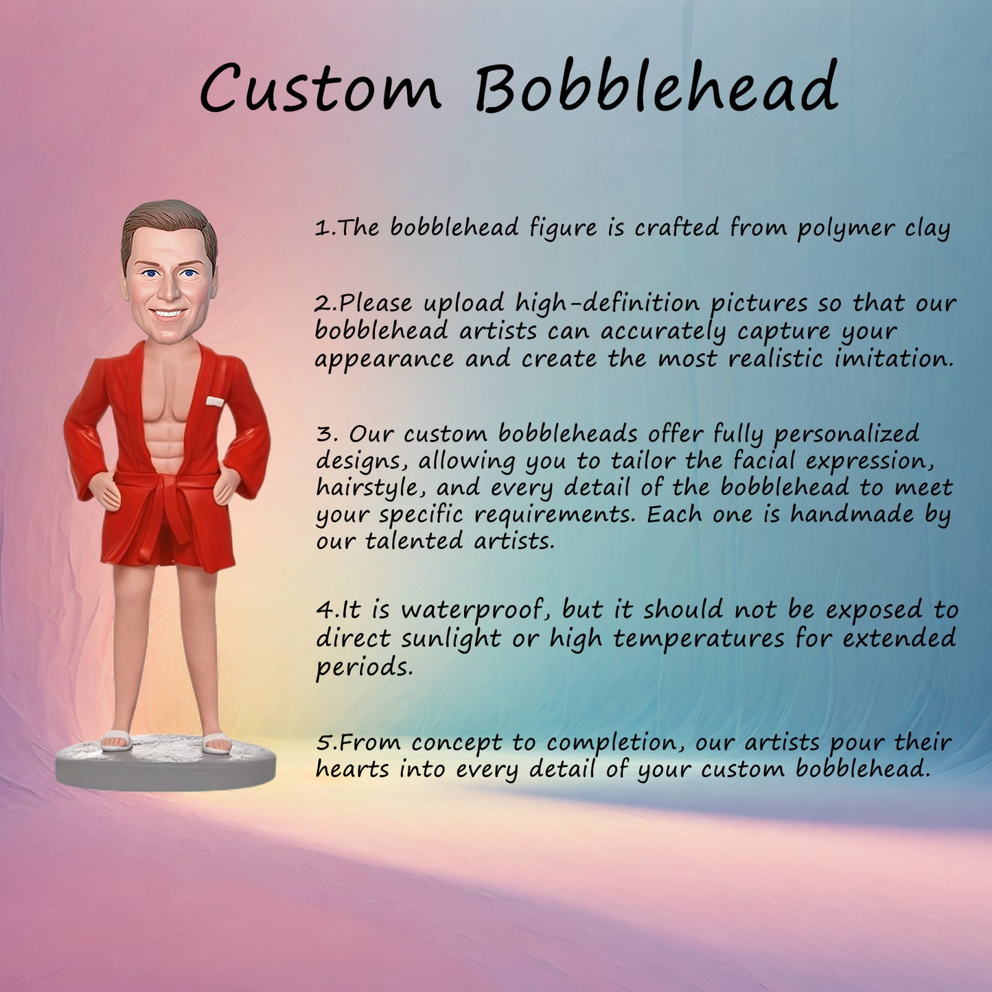 Custom Bobblehead: Man in Red Pajamas - A cozy bobblehead featuring a casual man in red pajamas, customizable with engraved text.