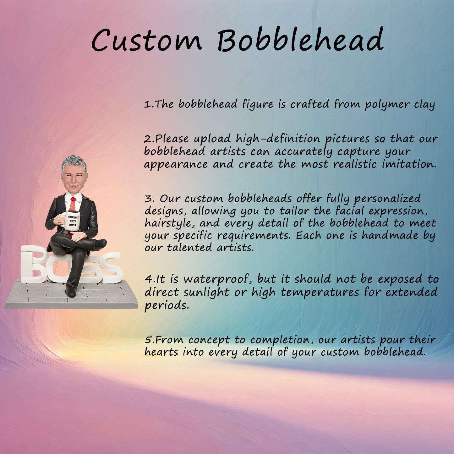 Assertive Male Executive WORLD'S FINEST LEADER Custom Bobblehead with Inscribed Message