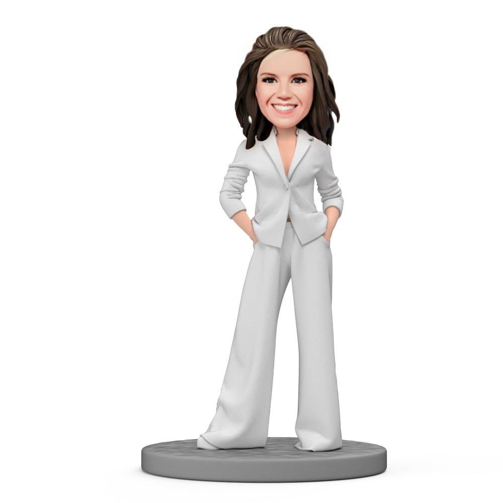 Elegant Lady Custom Bobblehead in Stylish White Suit – Custom ...