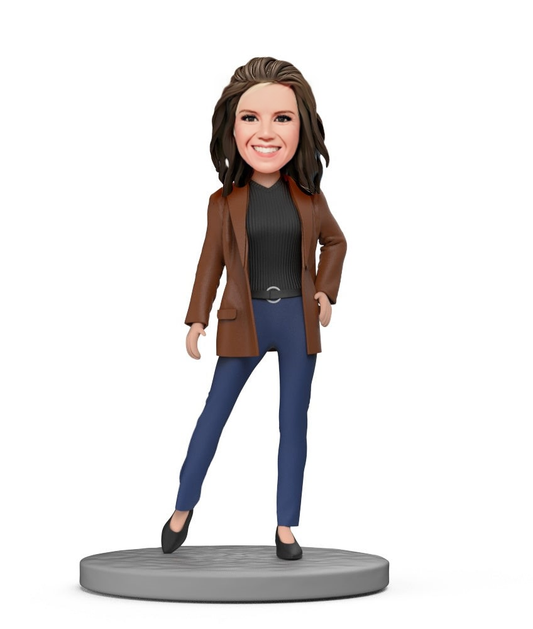 Fashion Lady In Brown Coat And Black Sweater Custom Bobblehead With Engraved Text