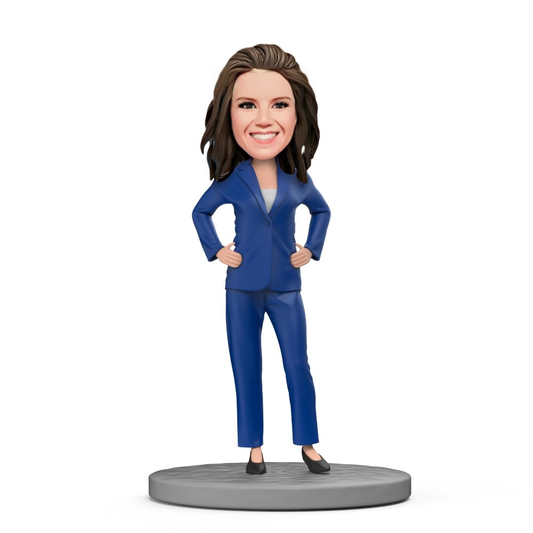 Female Boss Blue Suit Crossed Arms Custom Bobblehead with Engraved Text