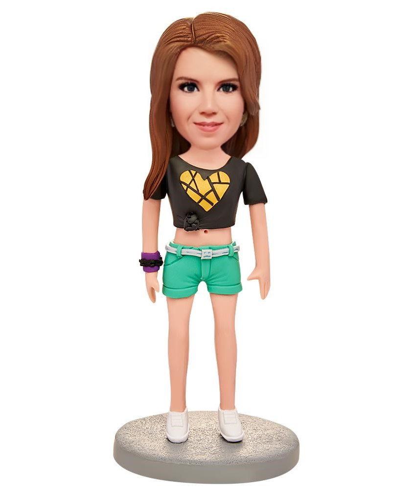 Fashion Woman Wearing Heart T-shirt Custom Bobblehead With Engraved Text