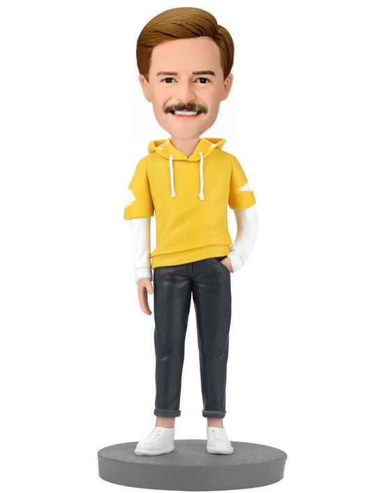 Fashion Man Wearing Yellow Hoodie Custom Bobblehead With Engraved Text