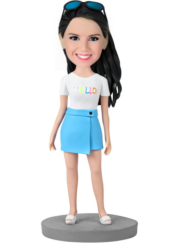 Fashion Girl Wearing Blue Skirt Custom Bobblehead With Engraved Text