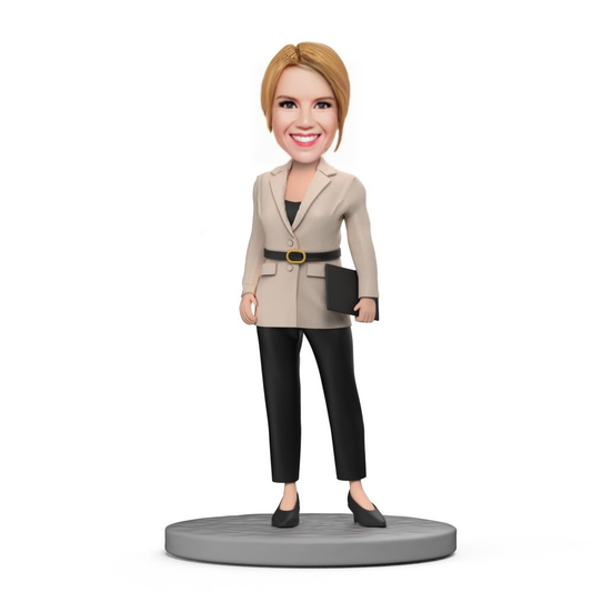 Office Lady Beige Jacket with Black Pants Custom Bobblehead with Engraved Text