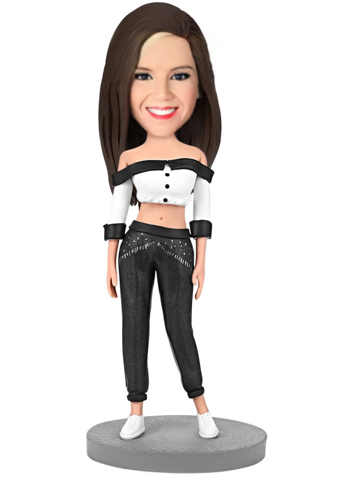 Beautiful Girl In Black Pants Custom Bobblehead With Engraved Text