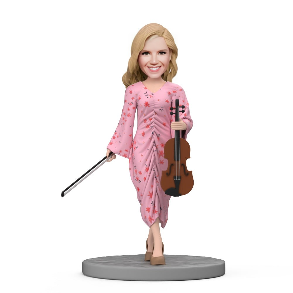 Custom Bobbleheads Woman Wear Pink Dress Hold Violin with Engraved Text for Mom