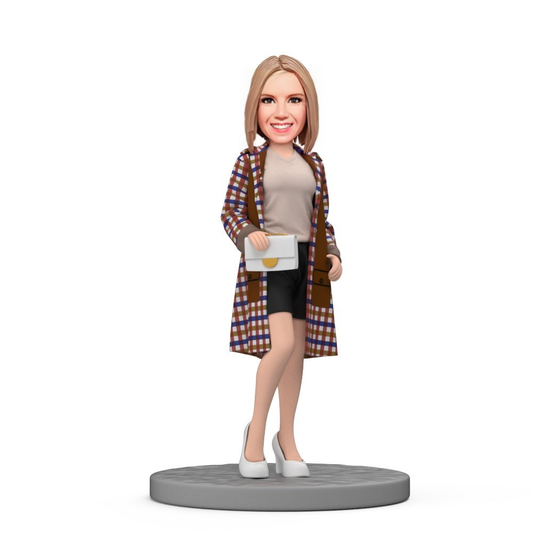 Mother&#x27;s Day Gift Fashion Lady in Plaid Coat Custom Bobbleheads with Engraved Text