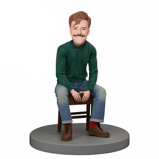 Gift For Him Custom Bobble Head Man Wearing Green Sweater Sitting on Chair