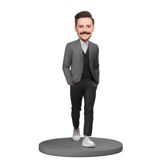 Custom Bobblehead Stylish Man in Gray Casual Suit