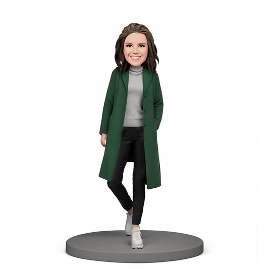 Christmas Gift for Her Custom Bobble Head Stylish Lady Wearing Army Green Coat