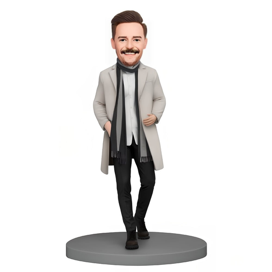 Custom Bobblehead Stylish Man in White Coat and Scarf