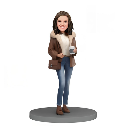 Custom Bobblehead Woman in Short Cotton Coat Holding Coffee