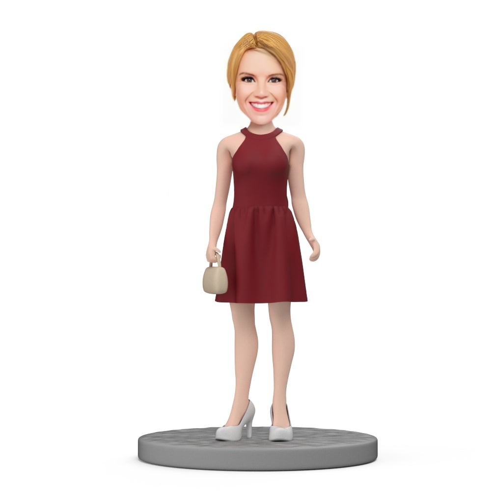 Custom Bobblehead Young Lady in Red Dress Gift For Her