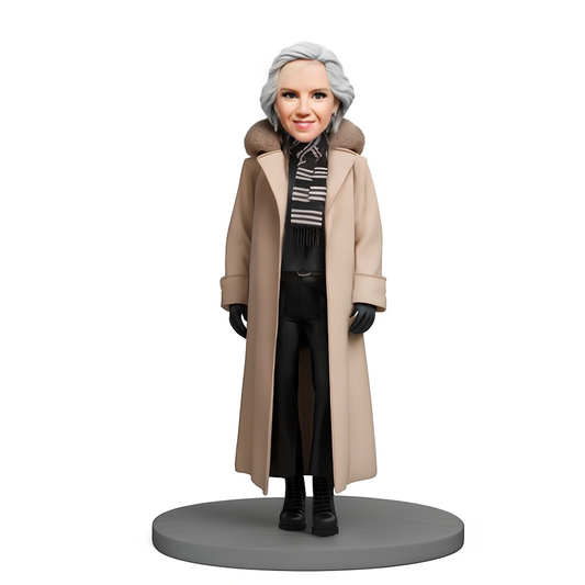 Custom Bobblehead Elderly Woman Wearing Stylish Long Coat