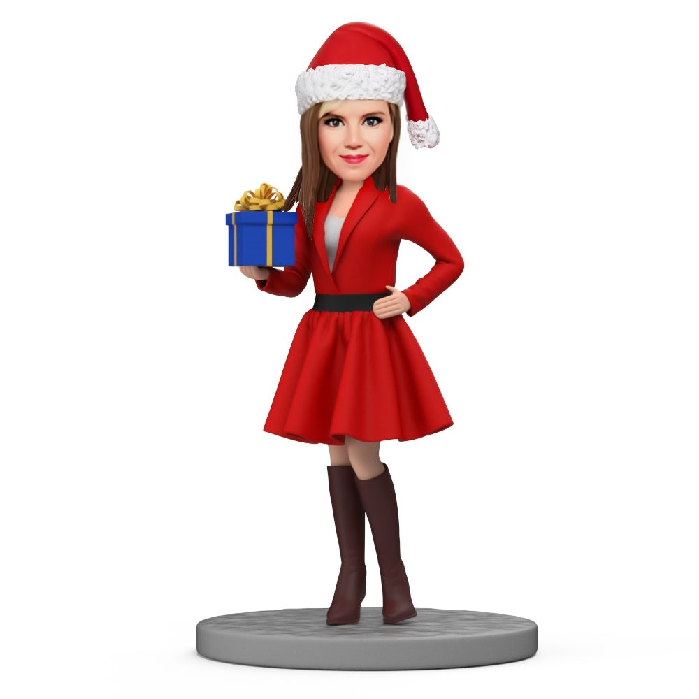 Christmas Gift Custom Bobble Head Beautiful Lady in Dress Holding Gift