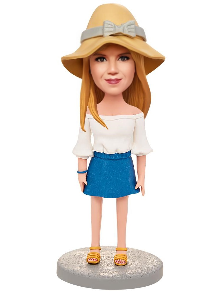 White Clothes Girl Custom Bobblehead With Engraved Text