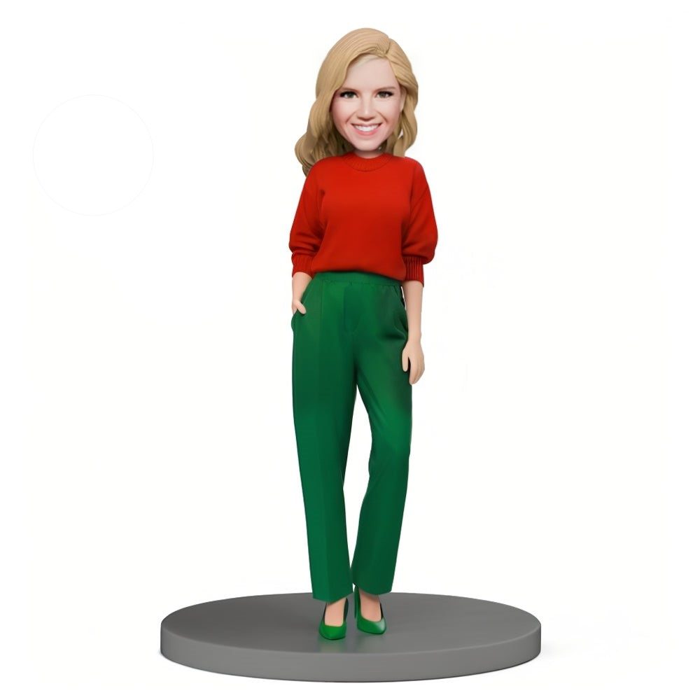 Christmas Gift Custom Bobble Head Woman Wearing Red and Green Christmas Fashion Suit