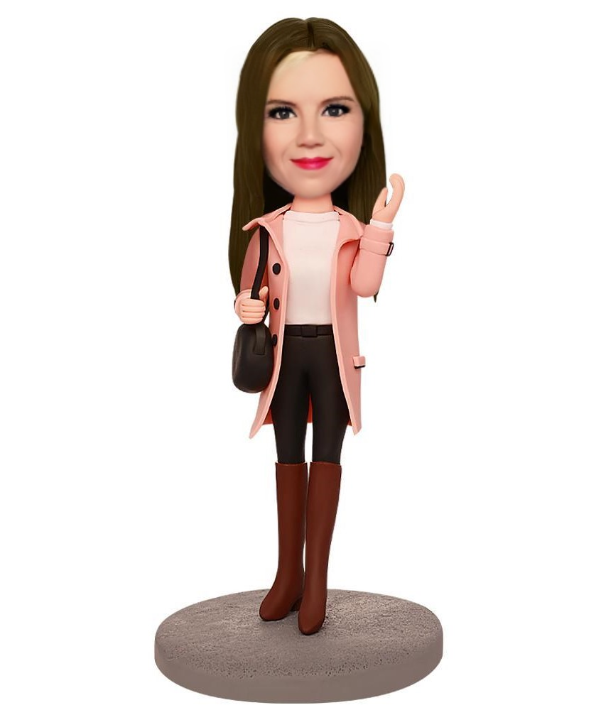 Girl in Overcoat Custom Bobblehead With Engraved Text