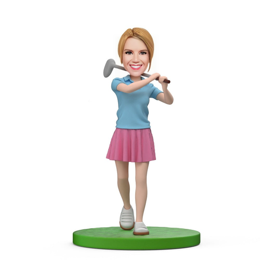 Happy Golfer in Blue Suit Custom Bobblehead With Engraved Text