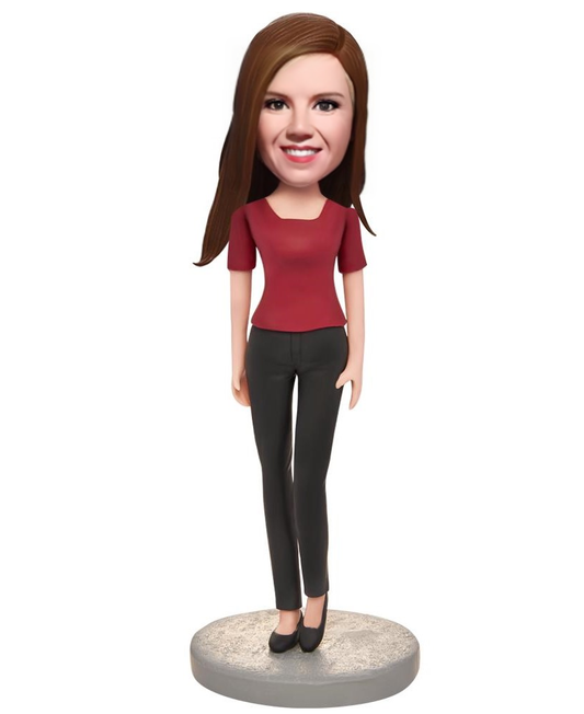 Woman Wearing a Red T-shirt Custom Bobblehead With Engraved Text