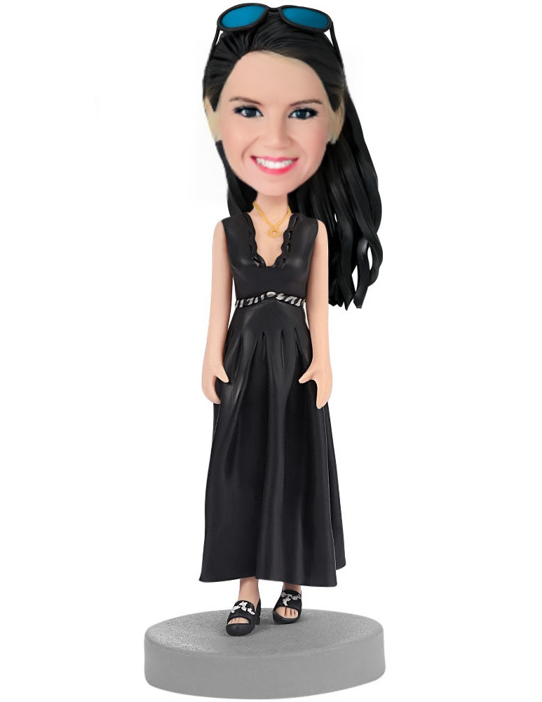 Woman In Black Dress Custom Bobblehead With Engraved Text