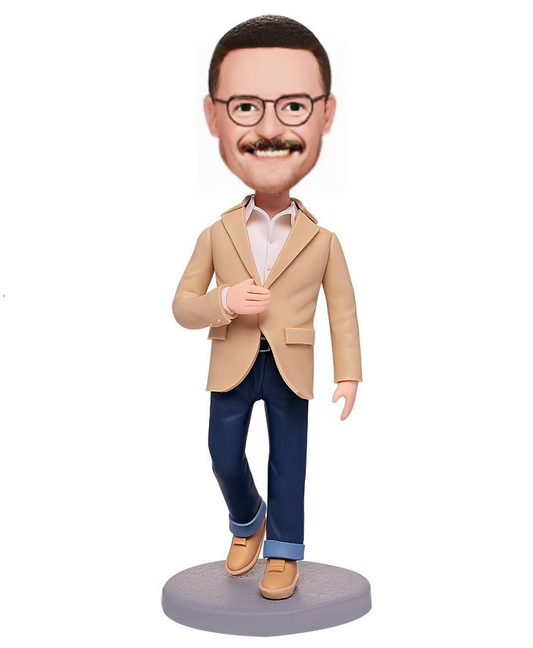 Wear Yellowish Brown Clothes Modern Man Custom Bobblehead With Engraved Text