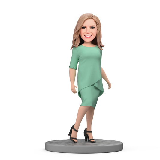 Mother&#x27;s Day Gift Custom Bobblehead - Fashion Mom in A Green Dress