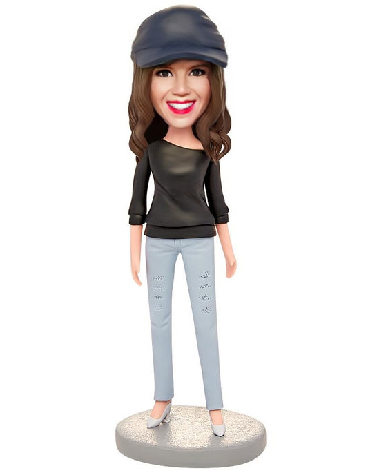 Woman Wearing a Black T-shirt Custom Bobblehead With Engraved Text