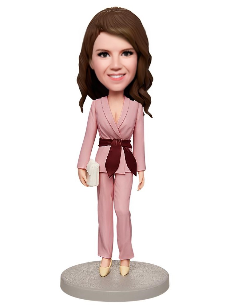 Pink Suit Office Lady Custom Bobblehead with Engraved Text