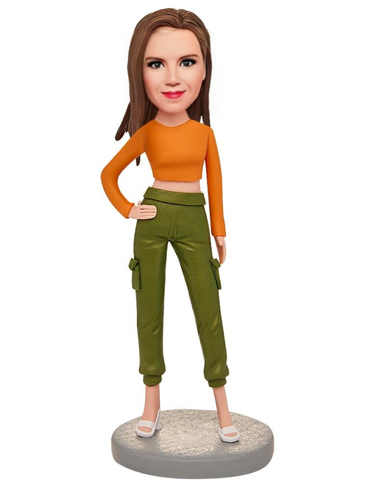 Orange Modern Woman Custom Bobblehead With Engraved Text